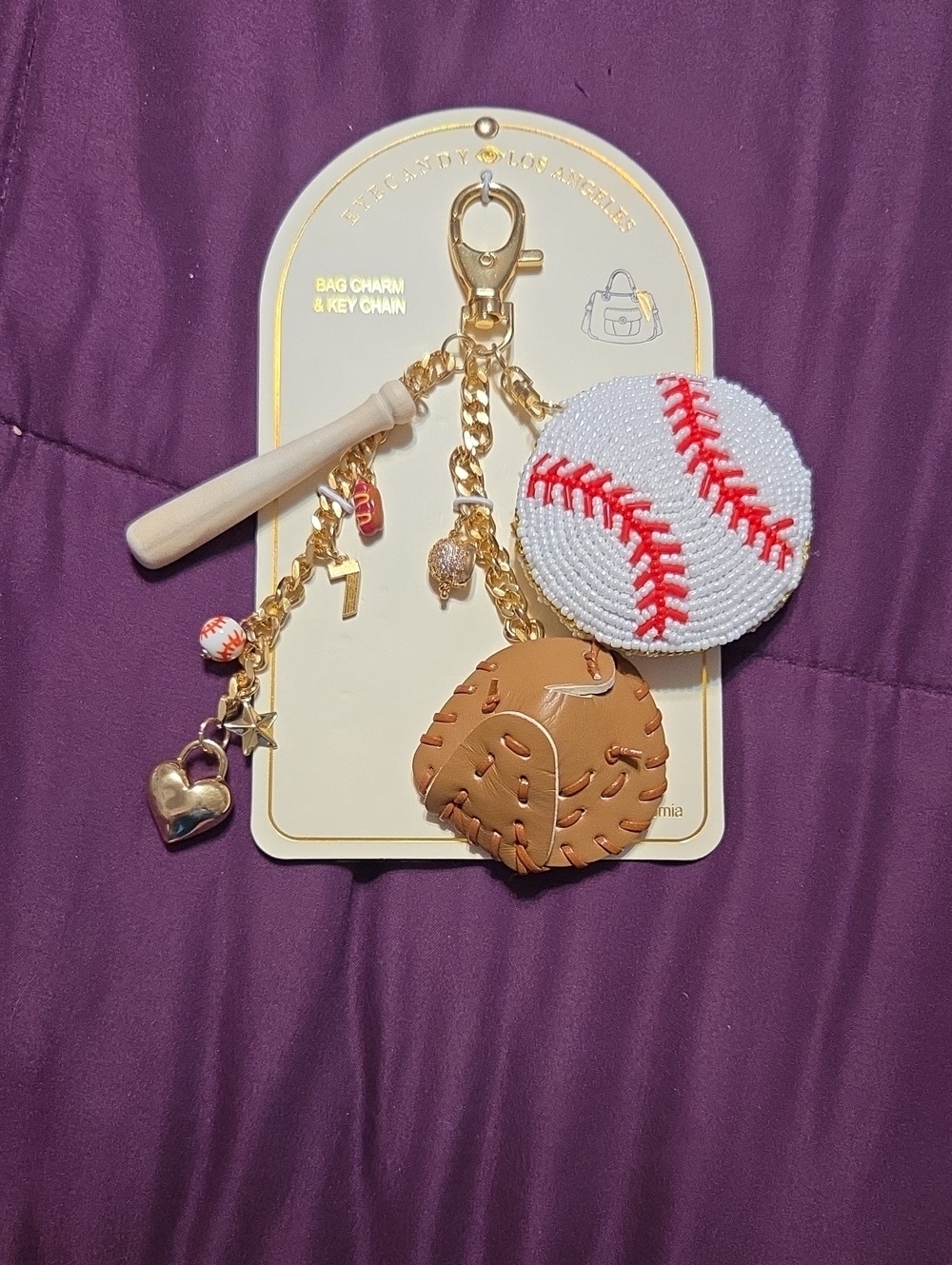 Eye Candy Los Angeles White & Red Beaded Baseball Keychain with Tan Glove